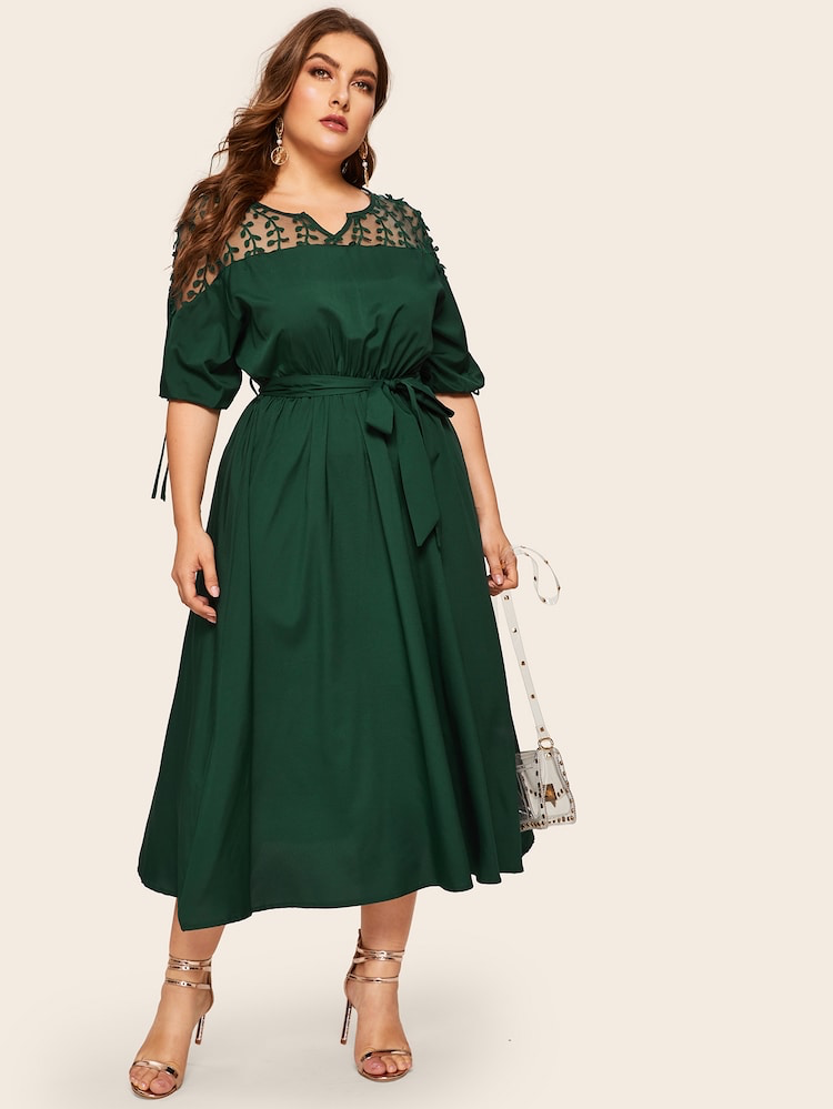 Embroidered Mesh Upper Self Belt Plus Size Dress