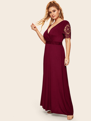 Lace Detail Sleeve & Waist Surplice Plus Size Dress