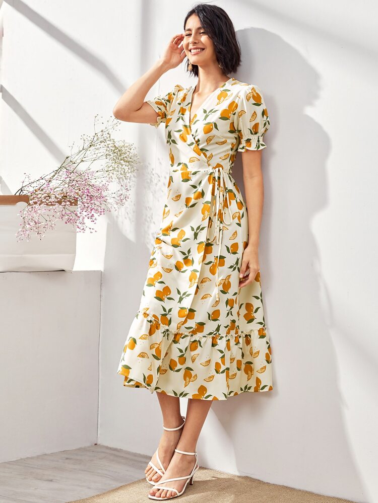 Lemon Orange Ruffled Wrap Dress