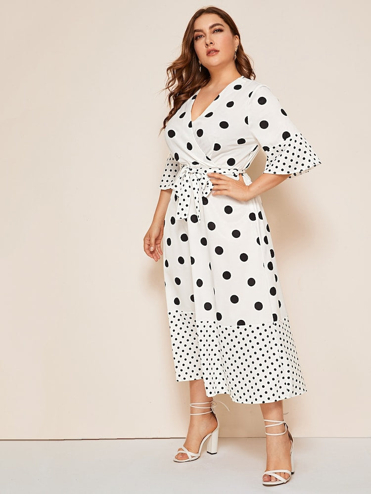 Plus Size Polka Dot Wrap Front Belted Dress