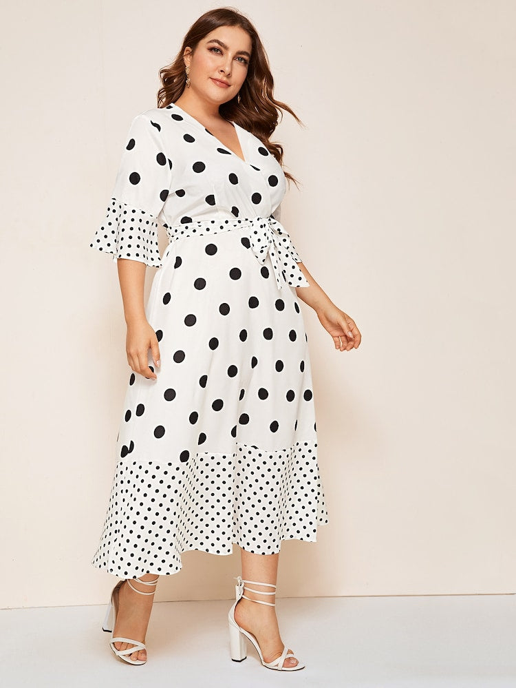 Plus Size Polka Dot Wrap Front Belted Dress