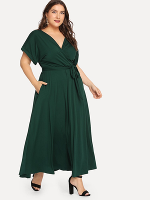 Cuffed Roll Up Sleeve Belted Surplice Plus Size Dress