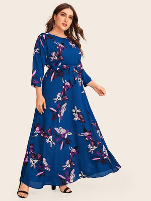 Full Floral Self-Tie Waist Plus Size Long Dress