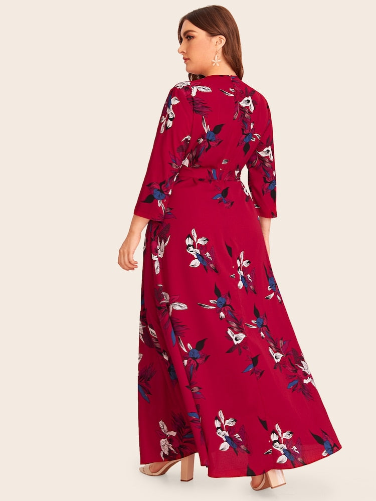 Full Floral Self-Tie Waist Plus Size Long Dress