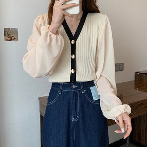 Button-up Chiffon Long Sleeve Knitted Blouse