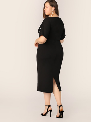 Pearls Beaded Surplice Neck Plus Size Dress