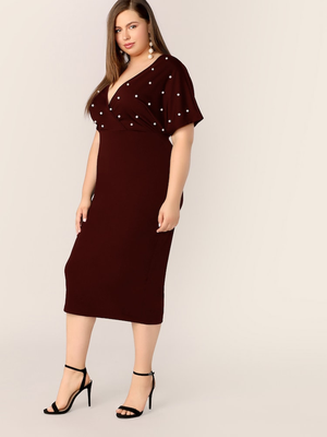 Pearls Beaded Surplice Neck Plus Size Dress