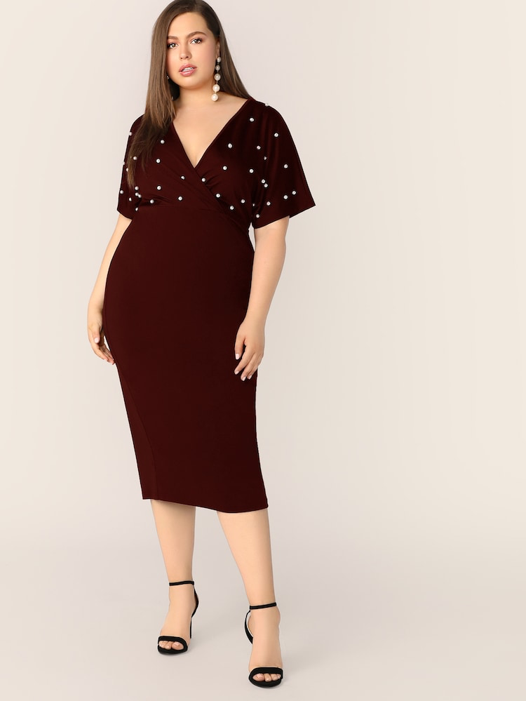 Pearls Beaded Surplice Neck Plus Size Dress