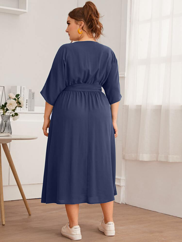 Button Down Self Belt Plus Size Dress