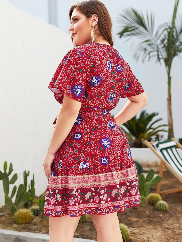 Belted Floral Batwing Sleeve Plus Size Dress