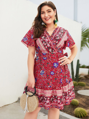 Belted Floral Batwing Sleeve Plus Size Dress