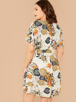 Plant Floral Roll Up Sleeve Belted Plus Size Dress