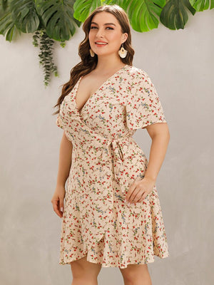 Ditsy Floral Ruffle Hem Plus Size Wrap Dress