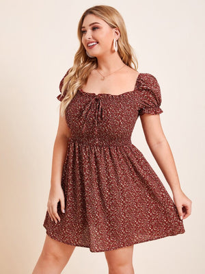 Shirred Front Tie Plus Size Babydoll Smock Dress