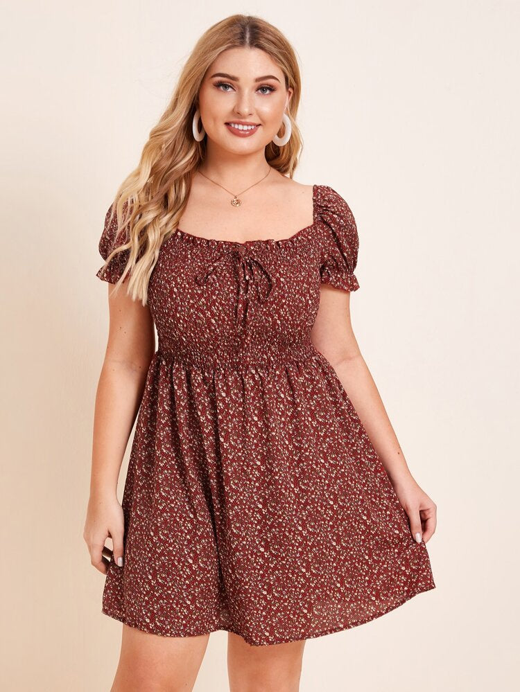 Shirred Front Tie Plus Size Babydoll Smock Dress