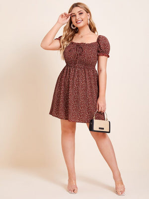 Shirred Front Tie Plus Size Babydoll Smock Dress