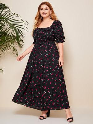 Cherry Pattern Puff Sleeve Plus Size Babydoll Smock Dress