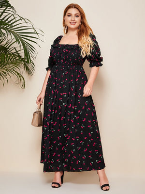 Cherry Pattern Puff Sleeve Plus Size Babydoll Smock Dress