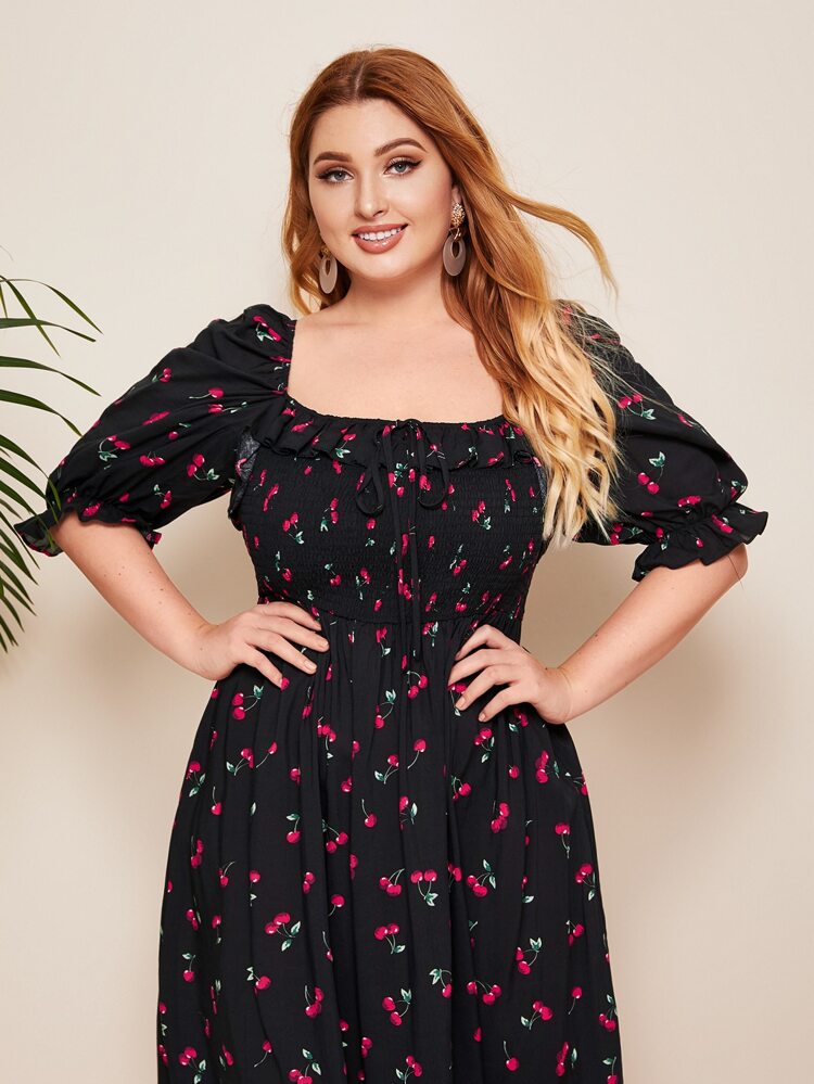 Cherry Pattern Puff Sleeve Plus Size Babydoll Smock Dress
