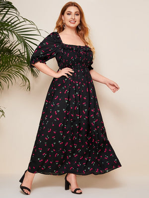 Cherry Pattern Puff Sleeve Plus Size Babydoll Smock Dress