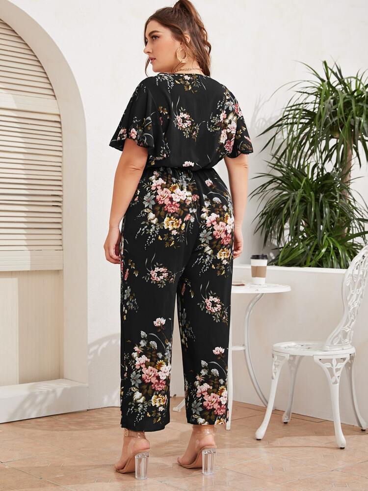 Floral Garter Waist Surplice Plus Size Jumpsuit