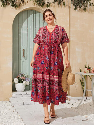 Embroidered Lace Binding Floral Plus Size Dress