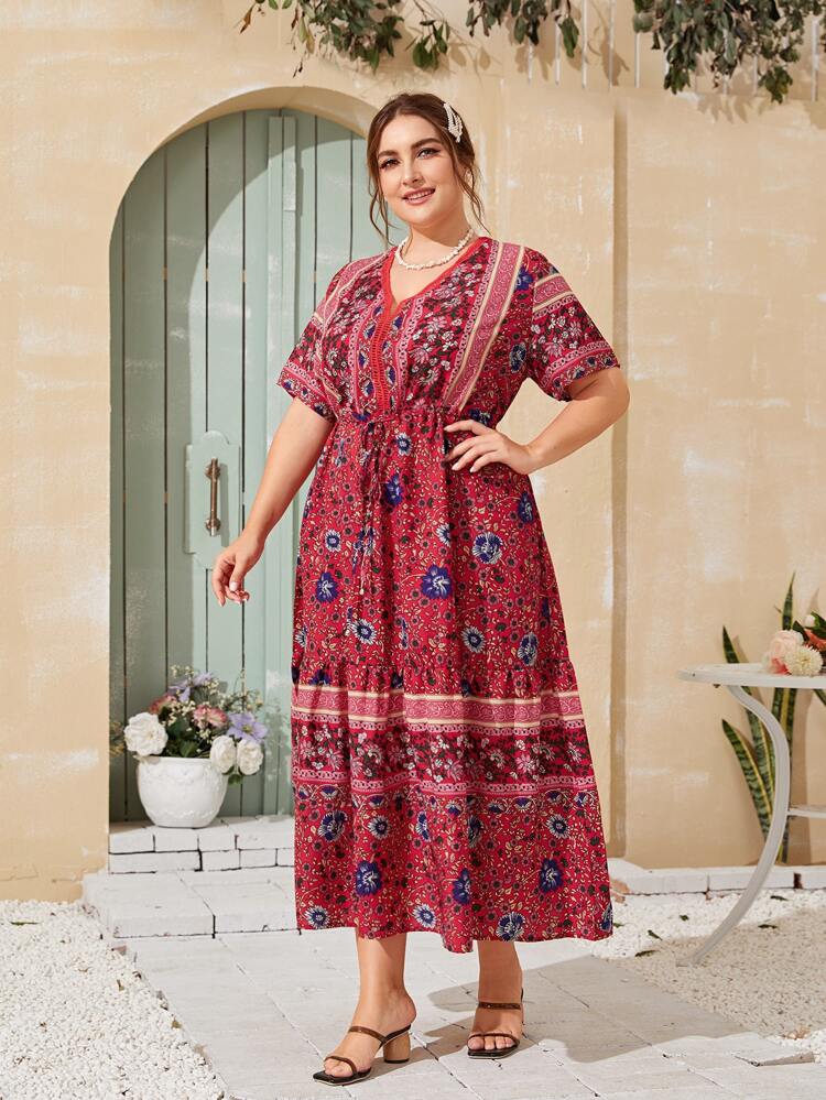 Embroidered Lace Binding Floral Plus Size Dress