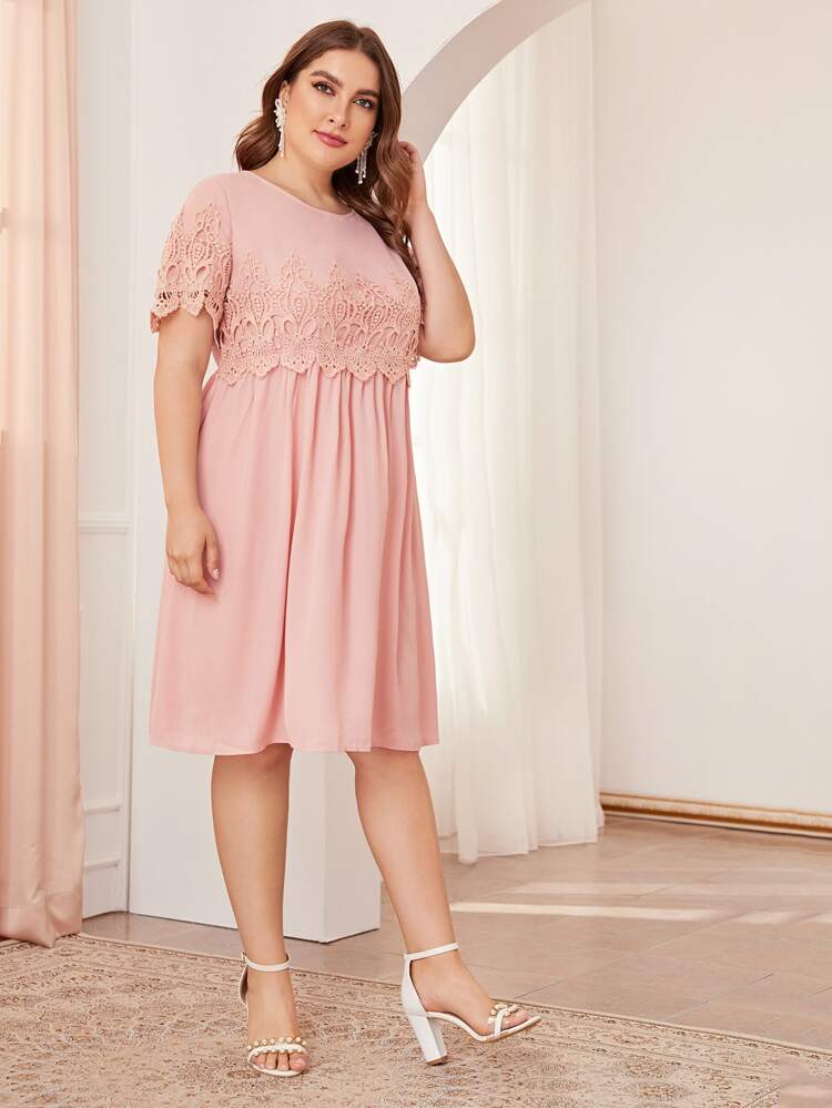 Embroidered Lace Upper Babydoll Plus Size Dress