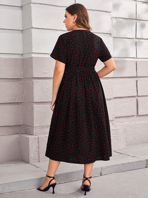 Polka Dots Surplice V-neck Self Belt Plus Size Dress