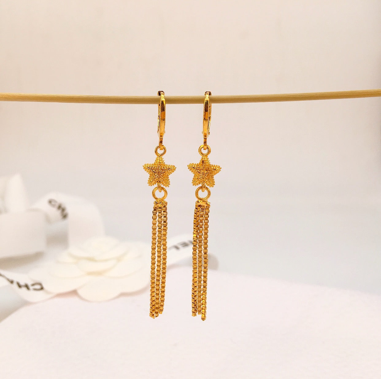 Genuine 100% 24K Bangkok Gold Floral Tassel Drop Earrings