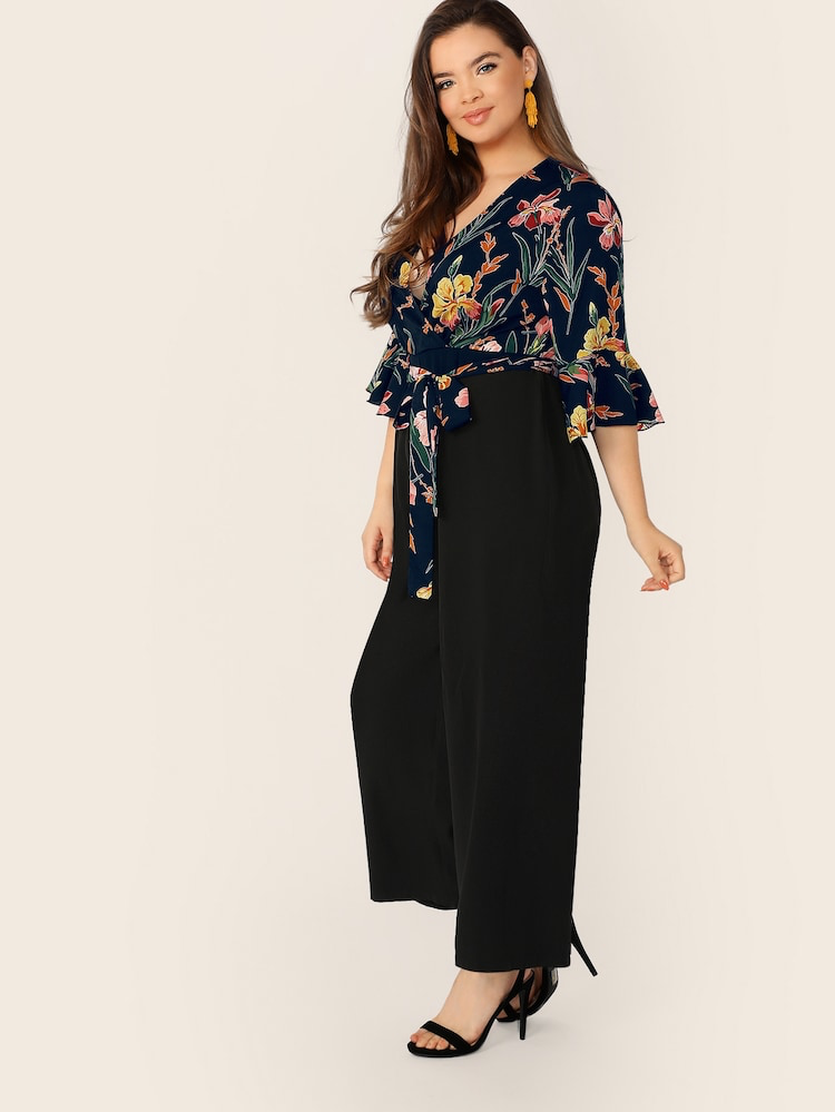 Floral Ruffled Sleeve Self Belt Combo Plus Size Jumpsuit