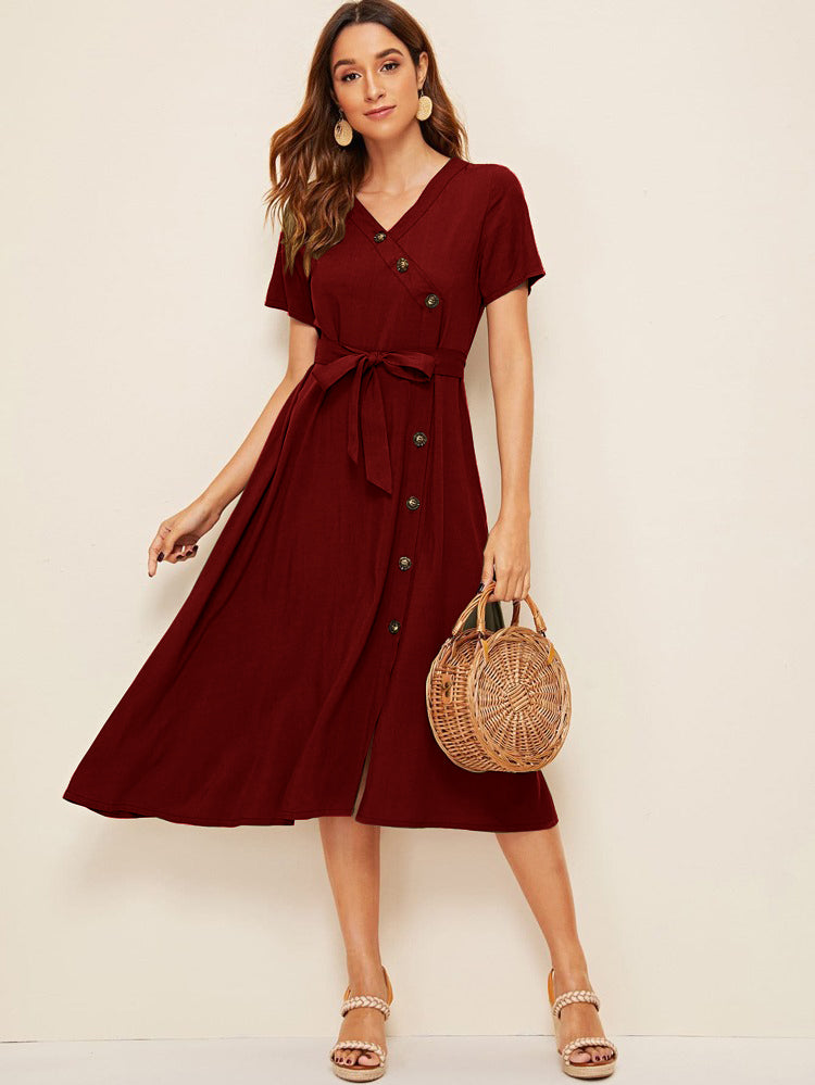 Button Down Self Belt Plain Dress