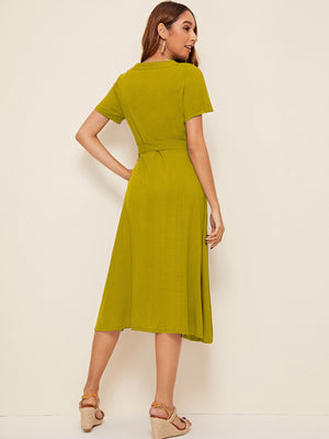 Button Down Self Belt Plain Dress