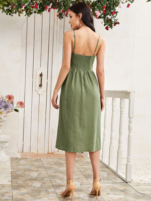 Button Down Shirred Back Pocketed Cami Dress