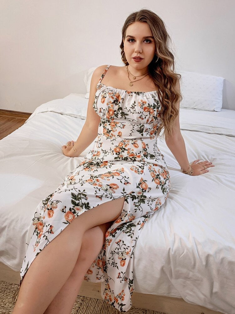 Elegant Floral Split Plus Size Cami Dress