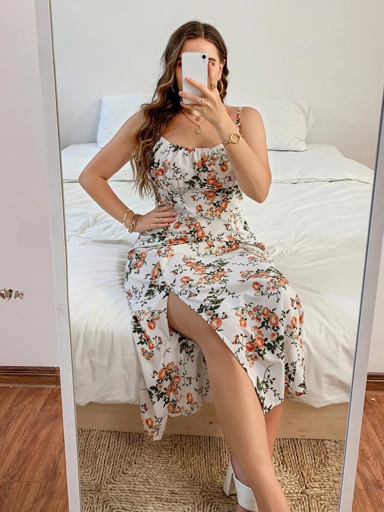 Elegant Floral Split Plus Size Cami Dress
