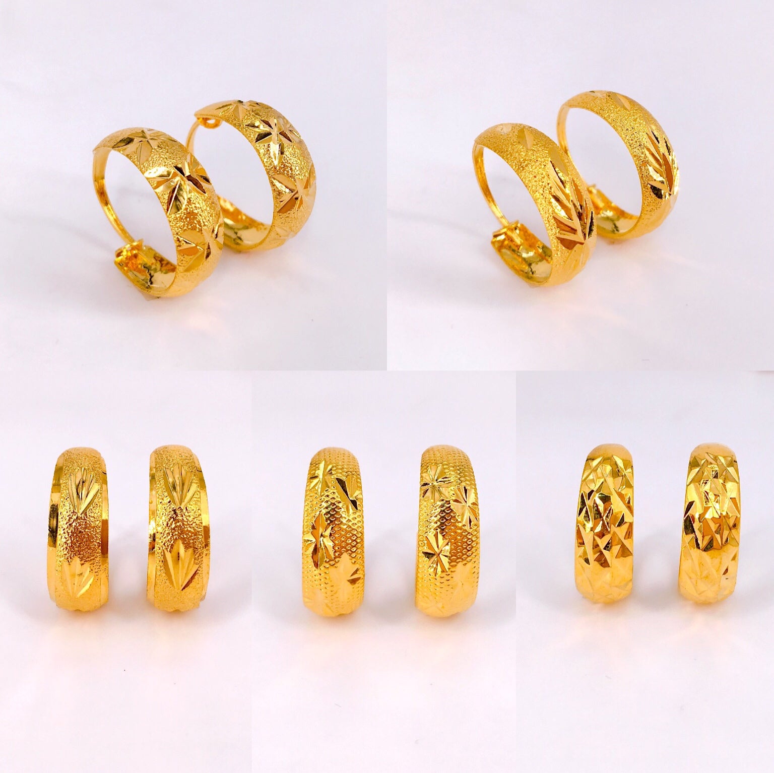 24K Bangkok Gold Engraved Floral Hoop Stud Earrings