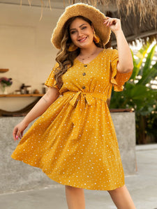 Button Self Belt Polka Dots Plus Size Dress