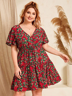 Red Floral V-neck Drawstring Waist Plus Size Dress