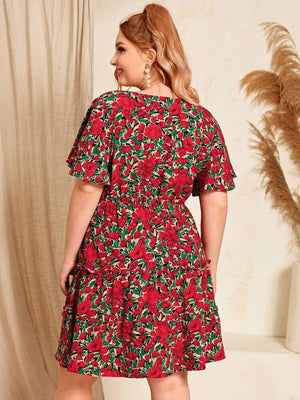 Red Floral V-neck Drawstring Waist Plus Size Dress