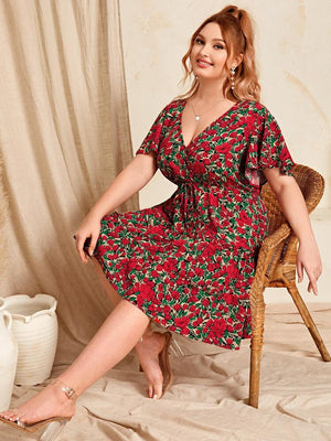 Red Floral V-neck Drawstring Waist Plus Size Dress