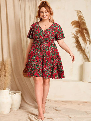 Red Floral V-neck Drawstring Waist Plus Size Dress