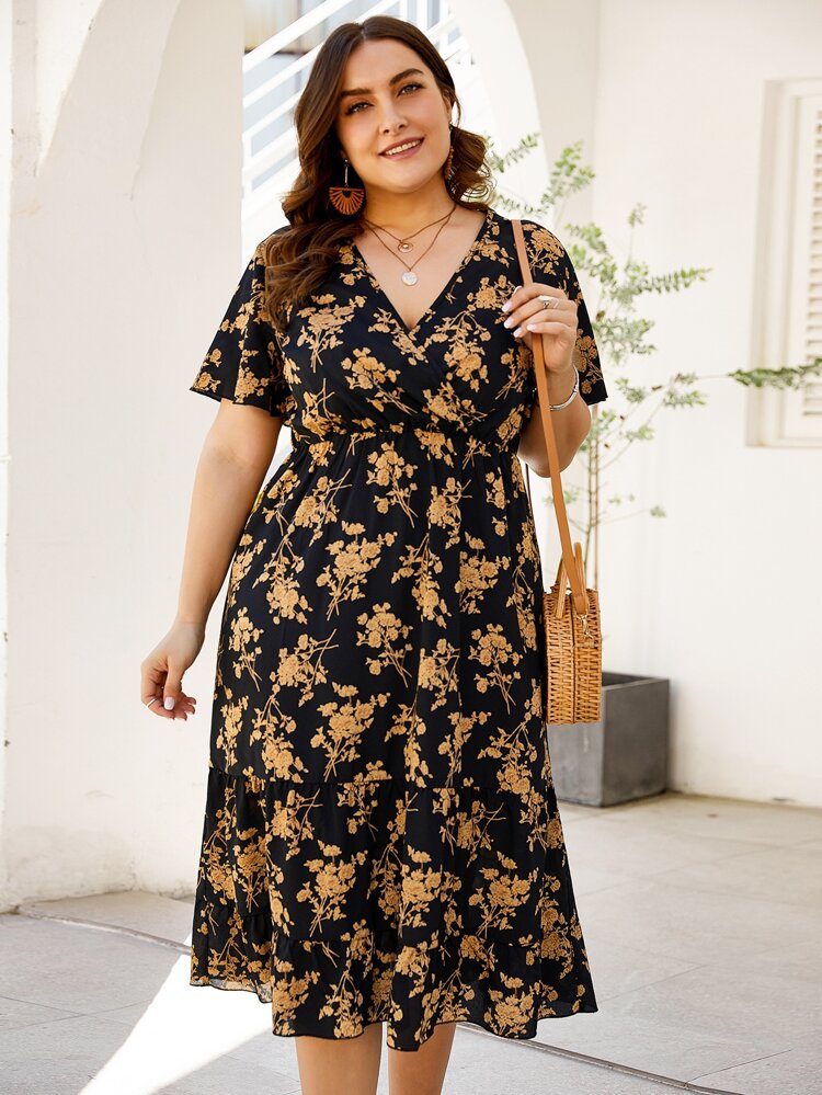 Surplice V-neck Garterized Floral Plus Size Dress