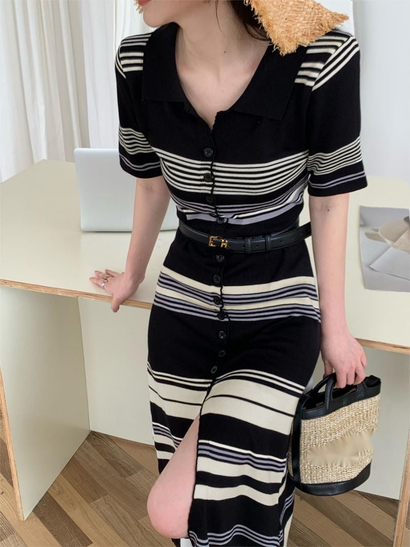 Collar Neck Button Down Stripe Knitted Dress without belt