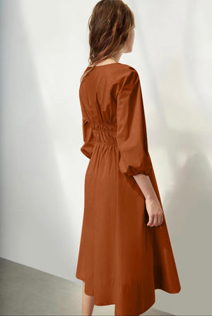 Stitching Shirred Waist 3/4 Sleeve Solid Dress
