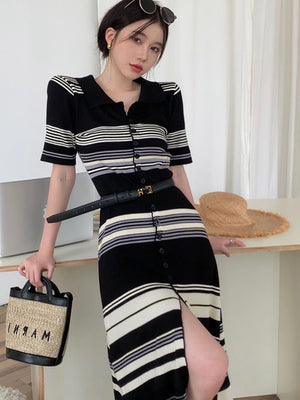 Collar Neck Button Down Stripe Knitted Dress without belt