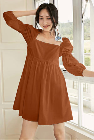 Square Neck Elastic Puff 3/4 Sleeve Solid Babydoll Dress