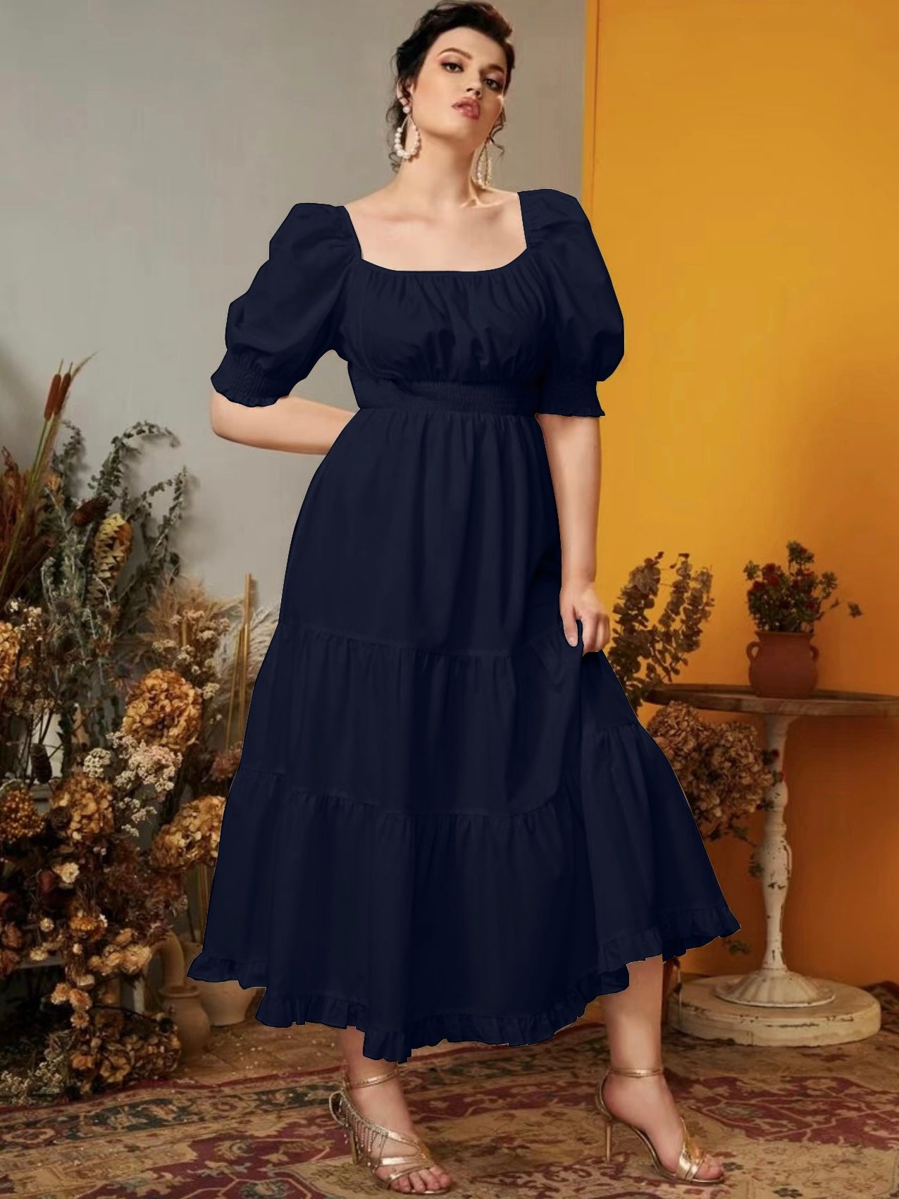 Square Neck Shirred Waist & Sleeve Flounce Plus Size Dress
