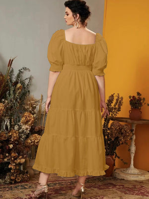Square Neck Shirred Waist & Sleeve Flounce Plus Size Dress