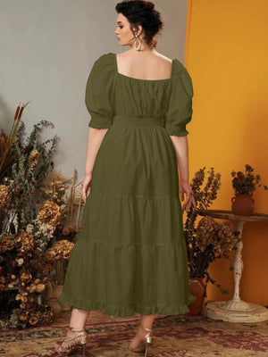 Square Neck Shirred Waist & Sleeve Flounce Plus Size Dress